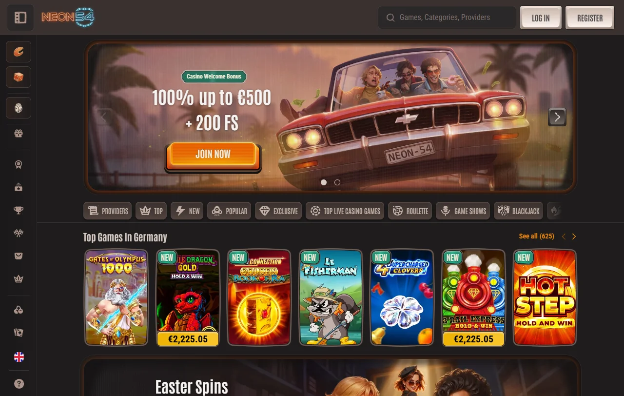 Neon54 Casino yleiskuvana: suomenkielinen etusivu ja uudistunut neonteema