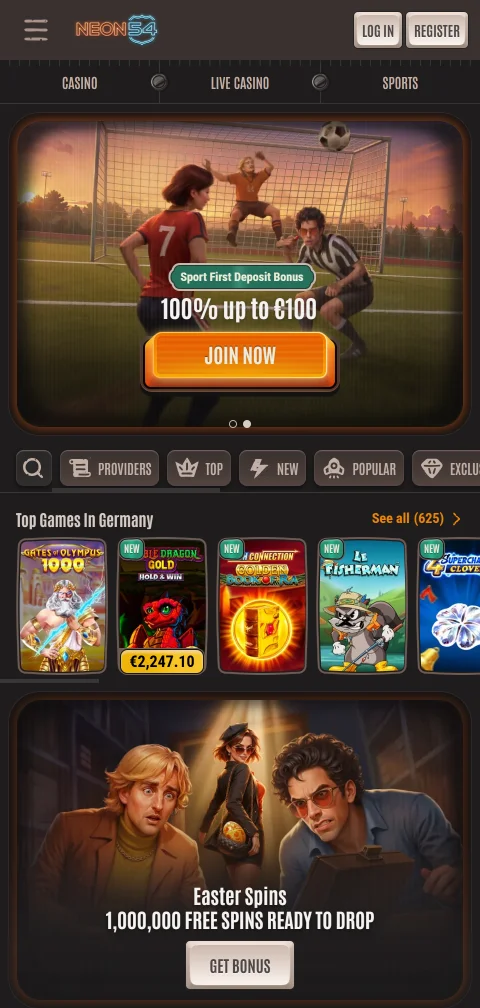 Neon54 Casino mobiiliselaimessa, pelilobby puhelimen pystynäytöllä