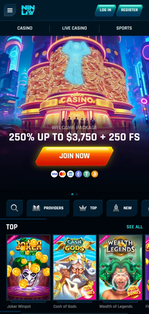 Ninlay Casinon mobiilietusivu, jossa kampanjat ja kirjautumispainike ovat näkyvillä