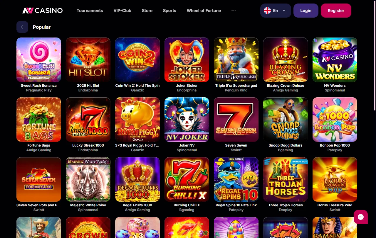 NV Casinon pelivalikoima yli 50 studiolta, mukana Pragmatic Play ja Evolution