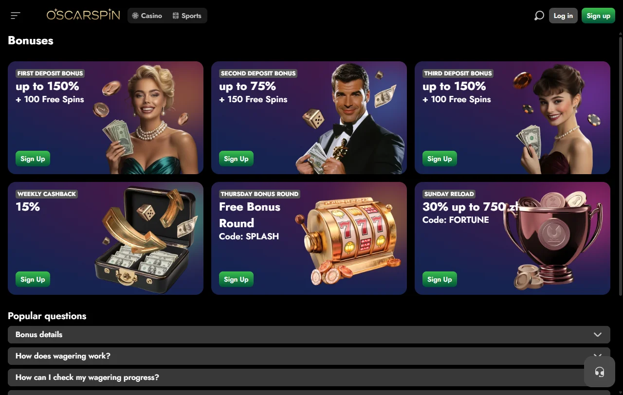 Oscarspin Casinon tervetuliaisbonus 1 500 euroon asti ja 35-kertainen kierrätys