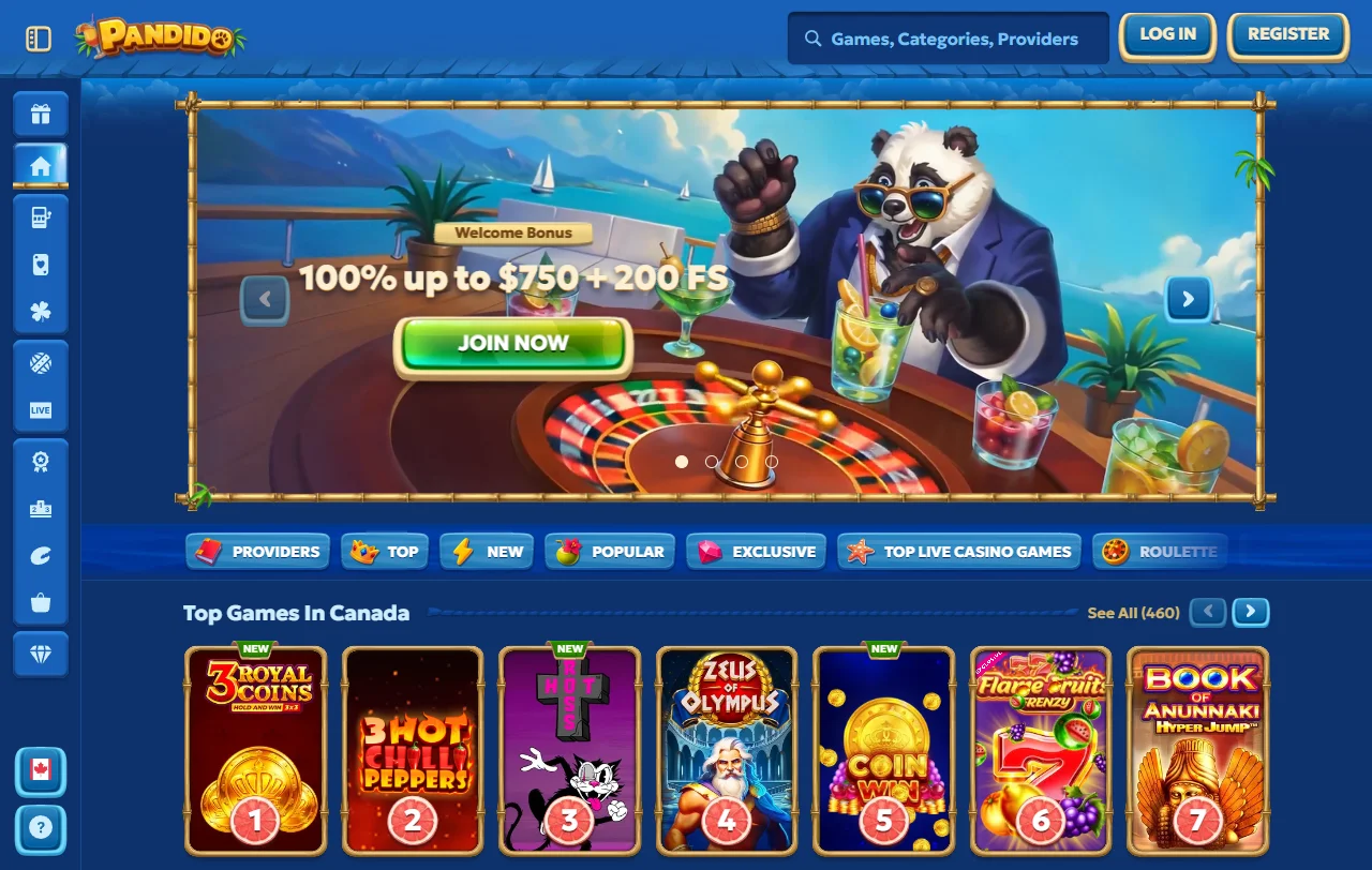 Pandido Casinon etusivu työpöydällä, tervetuliaistarjous 100 % 500 € asti ja 200 ilmaiskierrosta banneri.