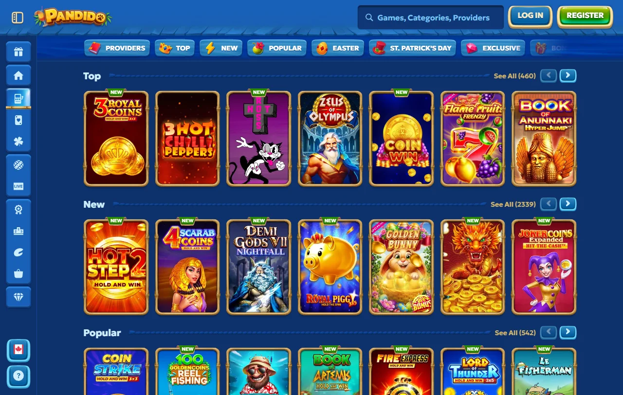 Pandido Casinon kolikkopeliaula työpöydällä, pelintarjoajien suodatin auki.