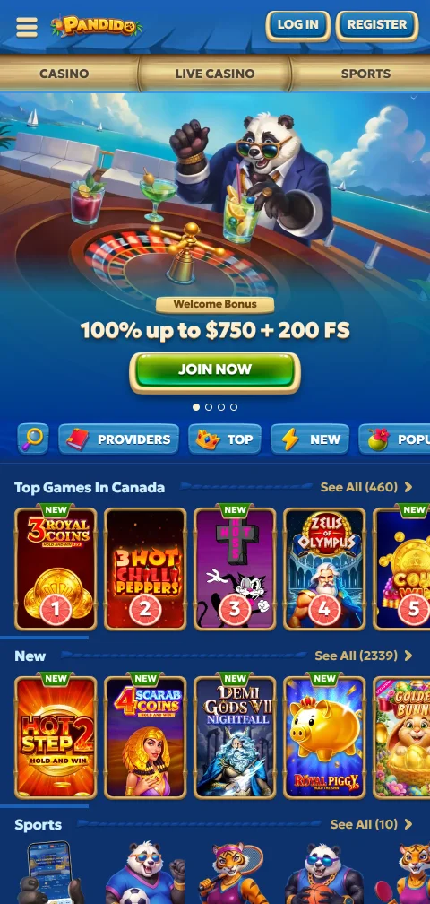 Pandido Casinon mobiilietusivu puhelimen selaimessa, tervetuliaisbonus näkyvissä.