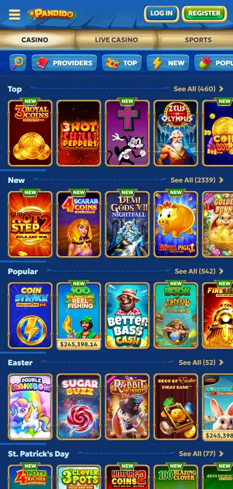 Pandido Casinon kassanäkymä mobiilissa, talletustavat ja vähimmäistalletukset listattuna.