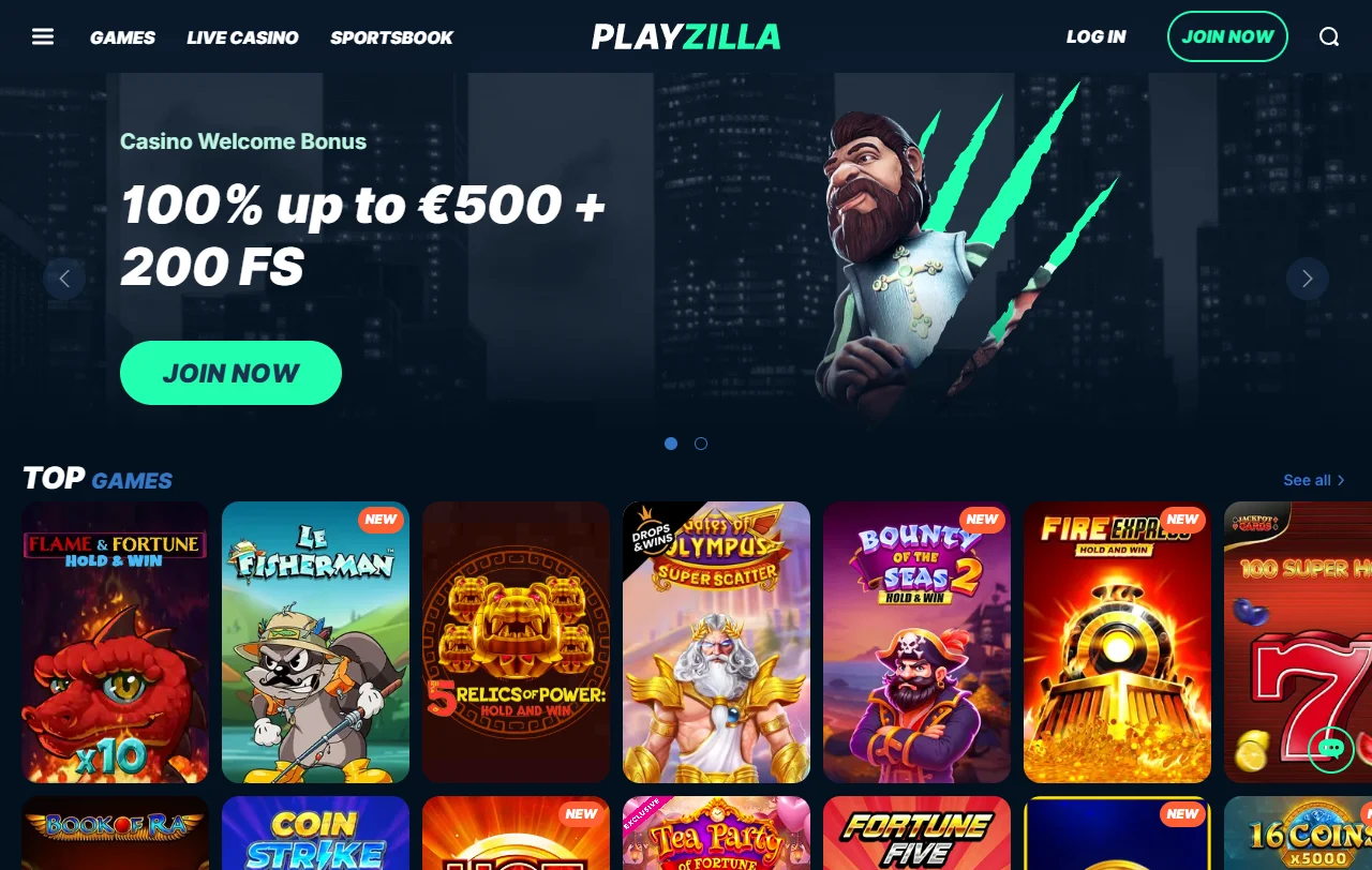 Playzilla Casinon etusivun kokonaiskuva suomalaiselle pelaajalle vuonna 2021 avatusta alustasta