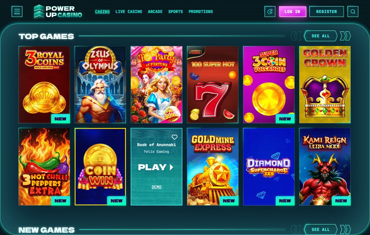 Powerup Casino kolikkopelien ja live-pöytien valikoima yli 80 studiolta