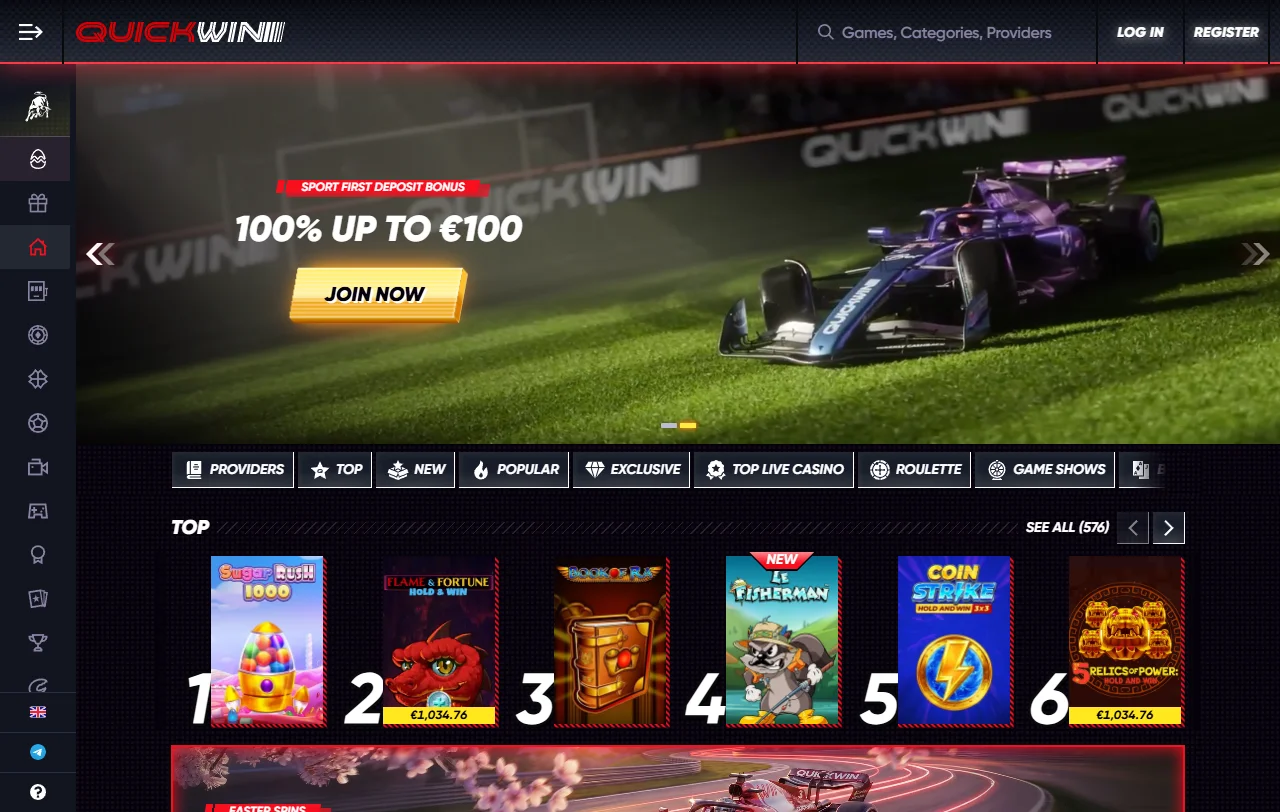 QuickWin Casinon etusivu työpöydällä, tervetuliaistarjous 100 % jopa 500 € ja 200 ilmaiskierrosta.