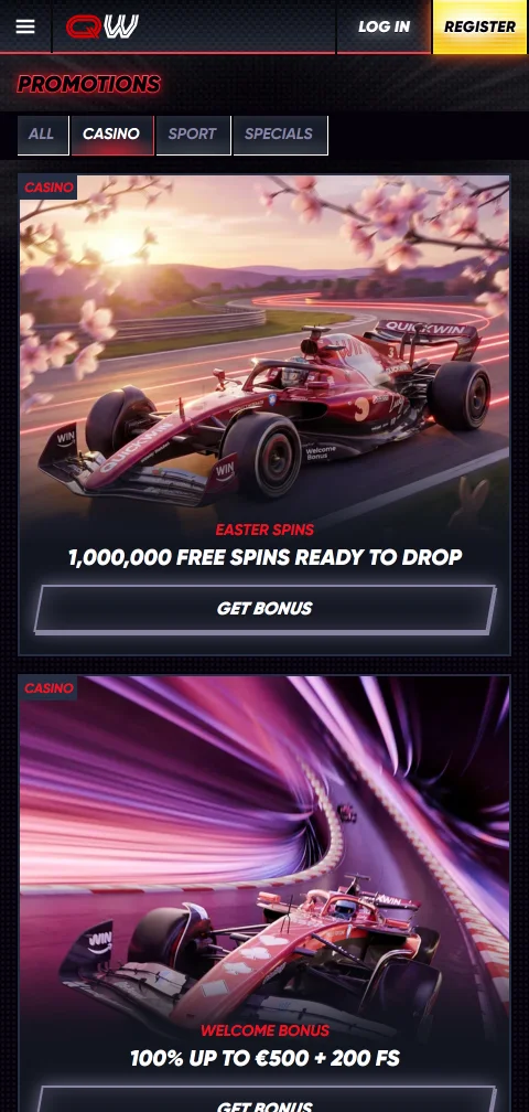 QuickWinin mobiilikampanjasivu, jossa vedonlyöntibonus 100 % jopa 200 € ja kierrätys 5x.