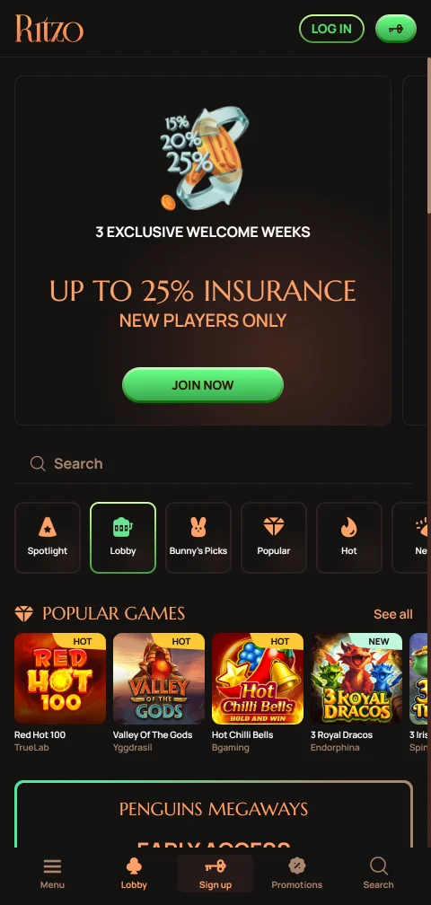 Ritzo Casino puhelimen selaimessa ilman erillistä natiivisovellusta