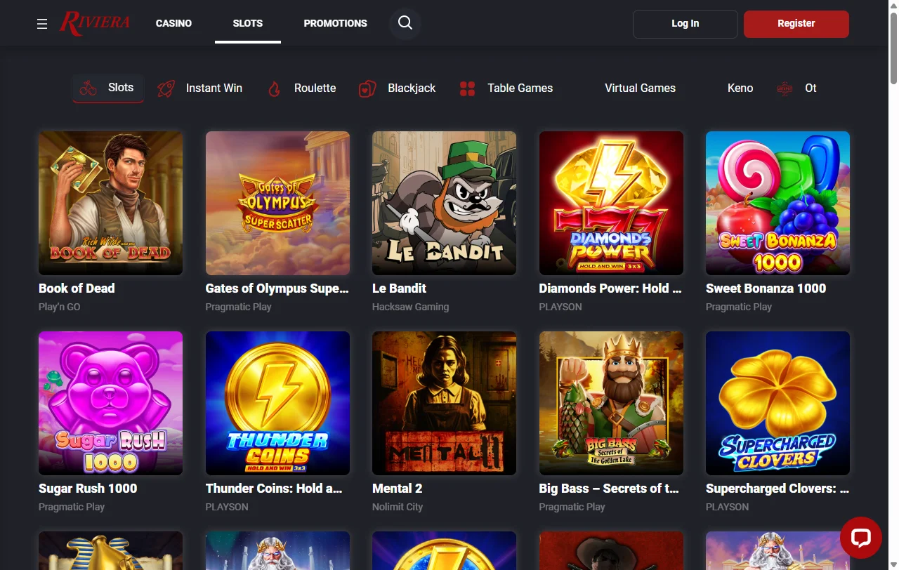 Riviera Casinon slottiaula ja yli 20 studion pelivalikoima