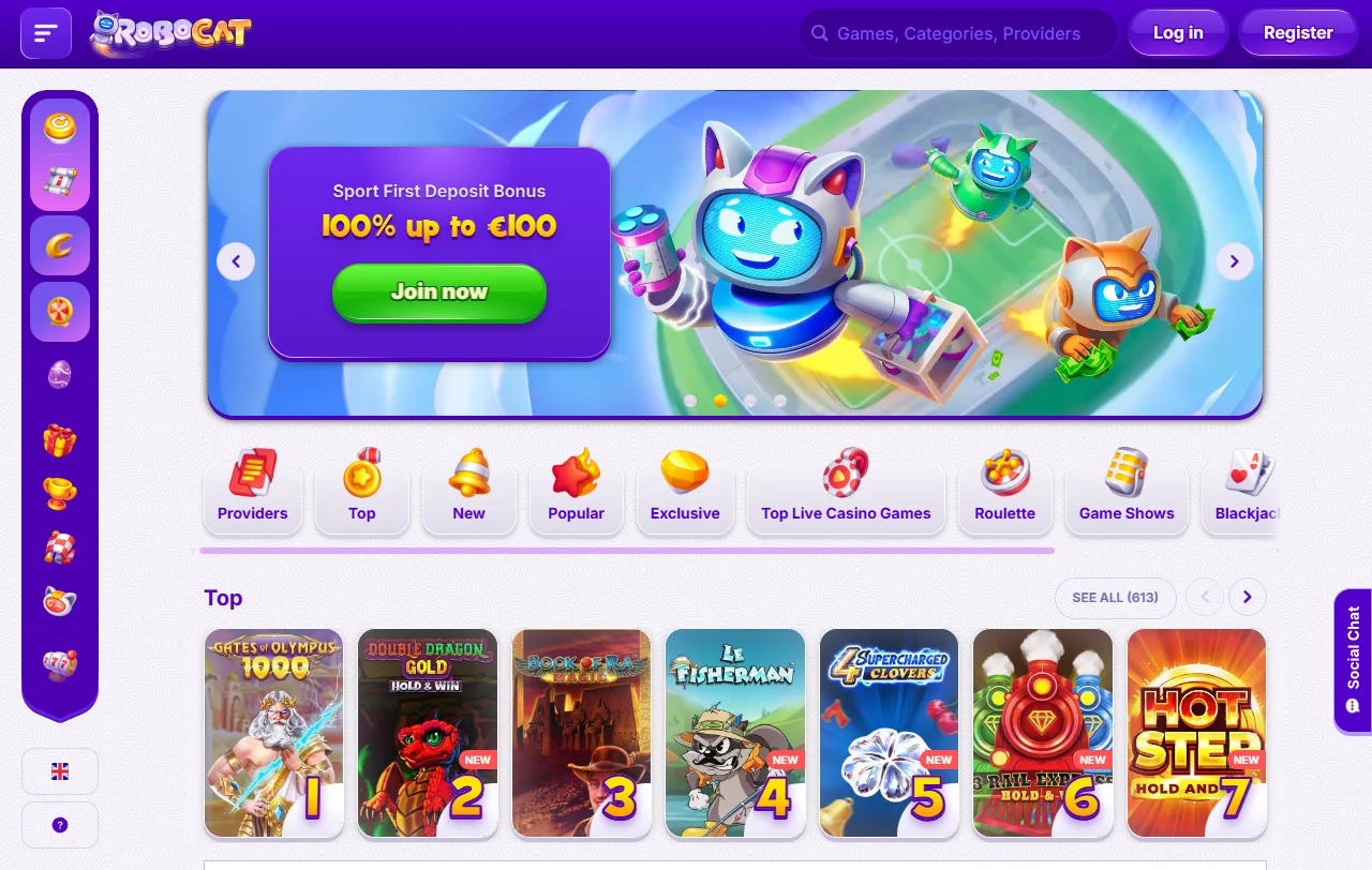 RoboCat Casinon etusivu työpöytäselaimessa 10.9.2026