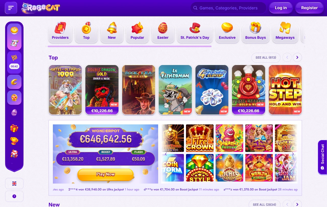 RoboCat Casinon pelivalikoima työpöytäselaimessa 10.9.2026