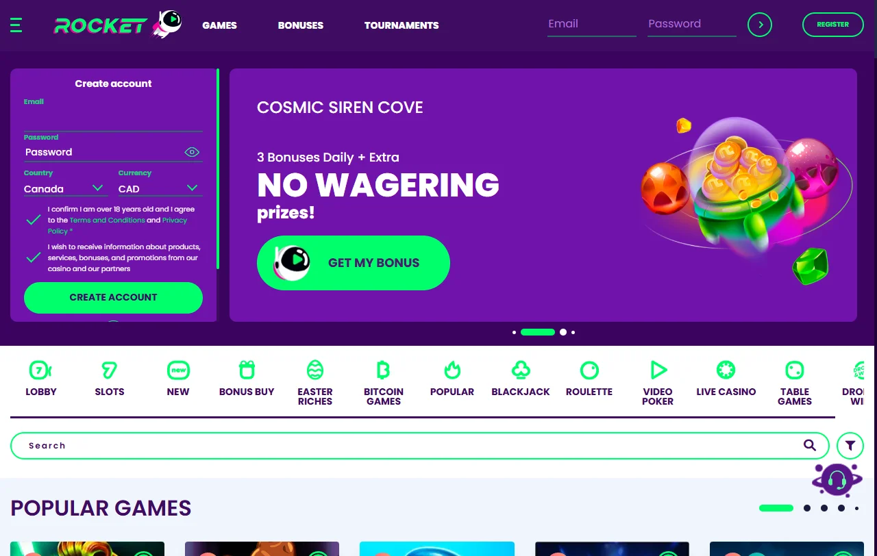 Rocket Casino yleiskatsaus: Pay N Play -kirjautuminen ja suomenkielinen aula