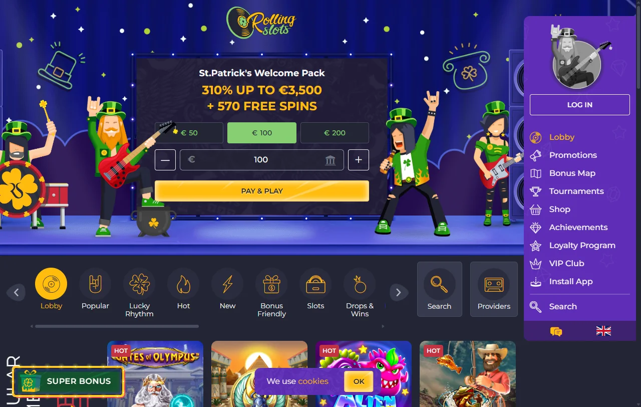 Rolling Slots -sivuston yleisilme ja musiikkiteema suomenkielisessä käyttöliittymässä työpöydällä