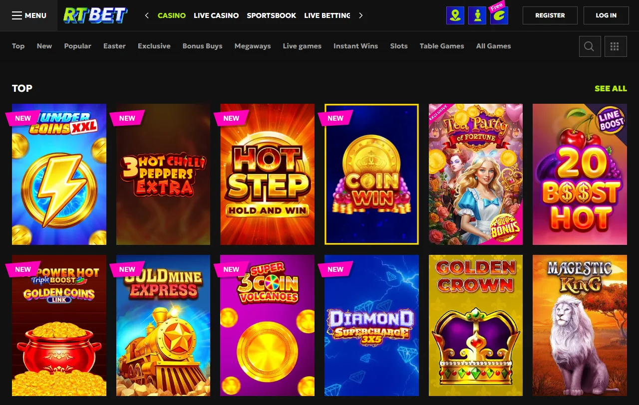 RT Bet Casinon pelivalikoima ja Pragmatic Playn nimikkeet aulassa