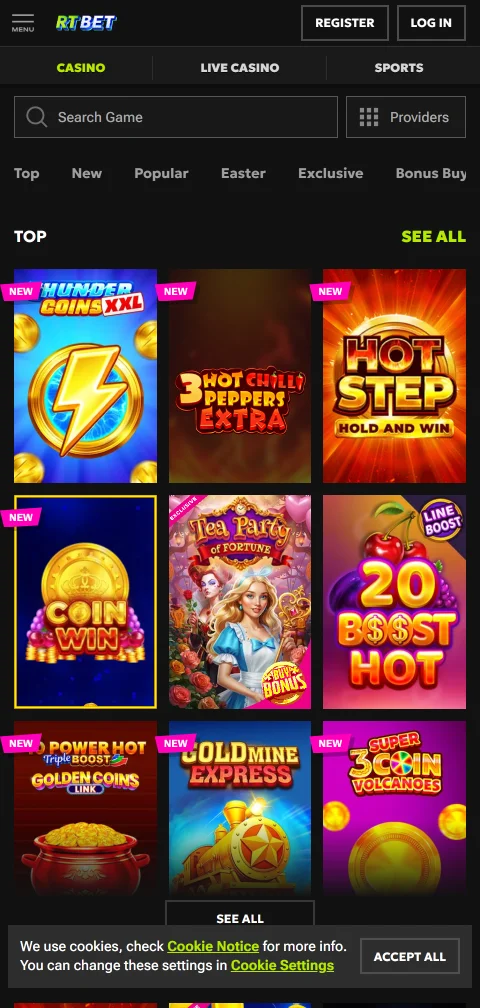RT Bet Casinon maksutavat Zimpler, kortit ja kryptovaluutat mobiilissa