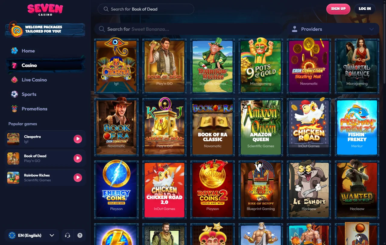 Seven Casinon pelivalikoima: Hacksaw, Nolimit City ja Evolutionin livepöydät kategorioina