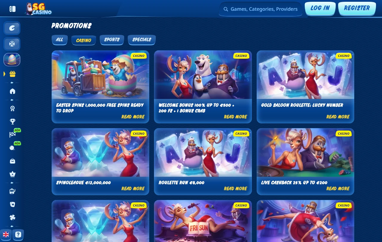 SG Casino pelivalikoima: 96 studiota, kolikkopelit ja Evolutionin live-pöydät