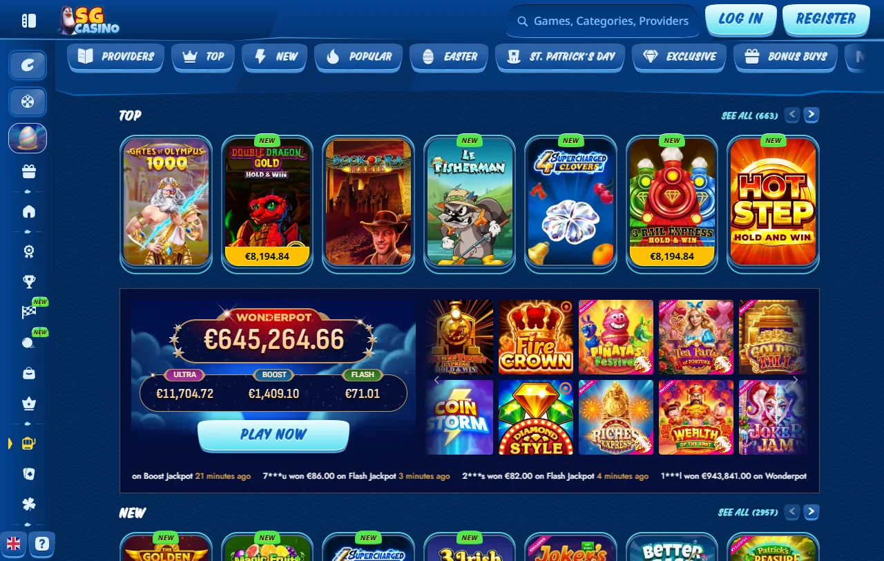 SG Casino tervetulotarjous: 100 % 500 euroon asti ja 200 ilmaiskierrosta