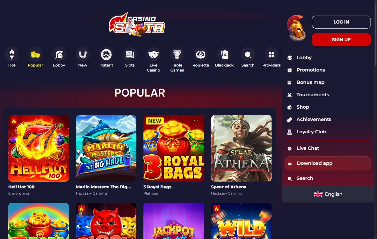 Slota Casinon pelivalikoima työpöytäselaimessa, jossa pelit on jaoteltu studioittain ja kategorioittain