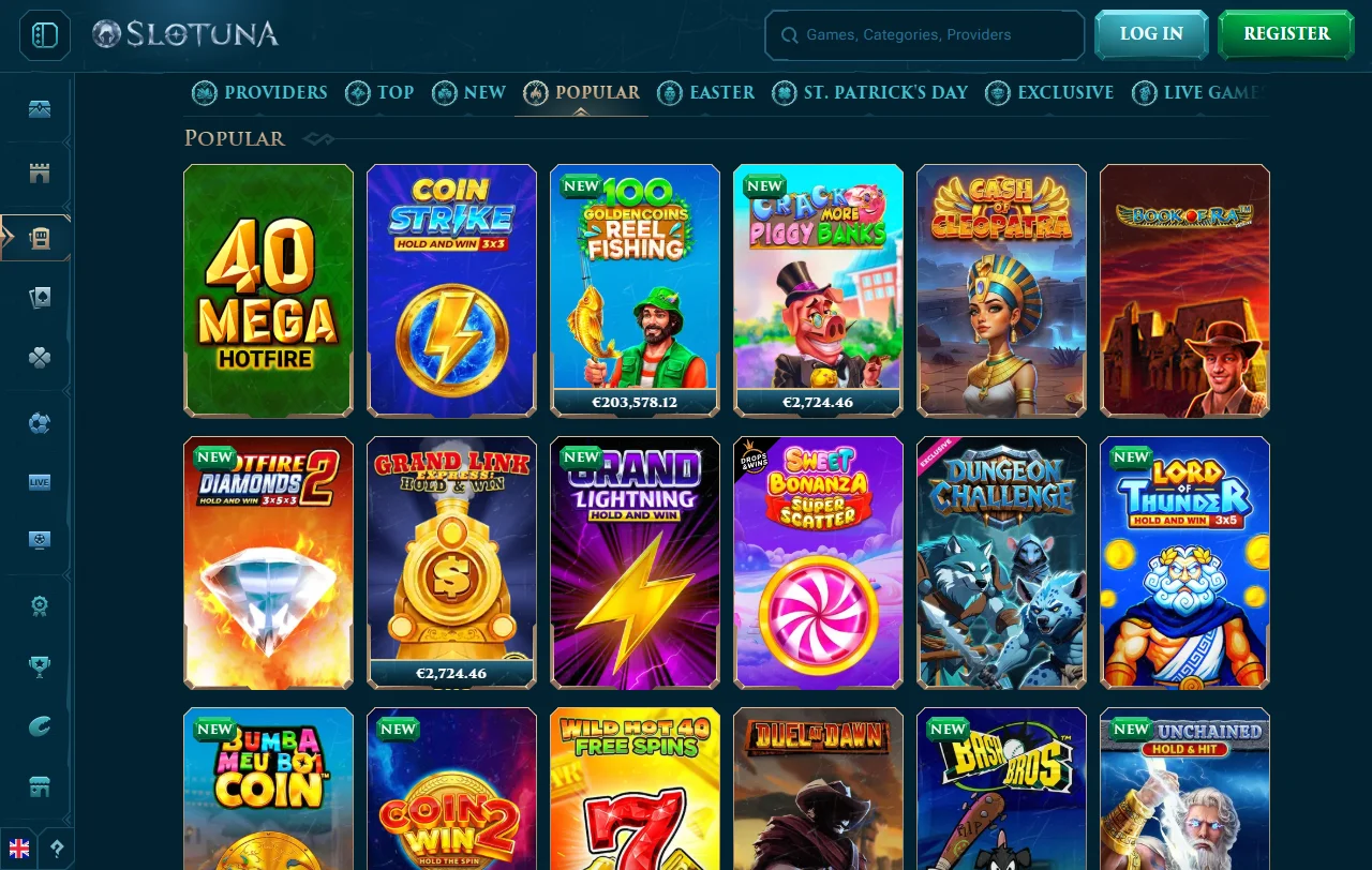 Slotuna Casinon hakutoiminto työpöydällä, hakusanalla löytyneet nimikkeet ja studiosuodatin