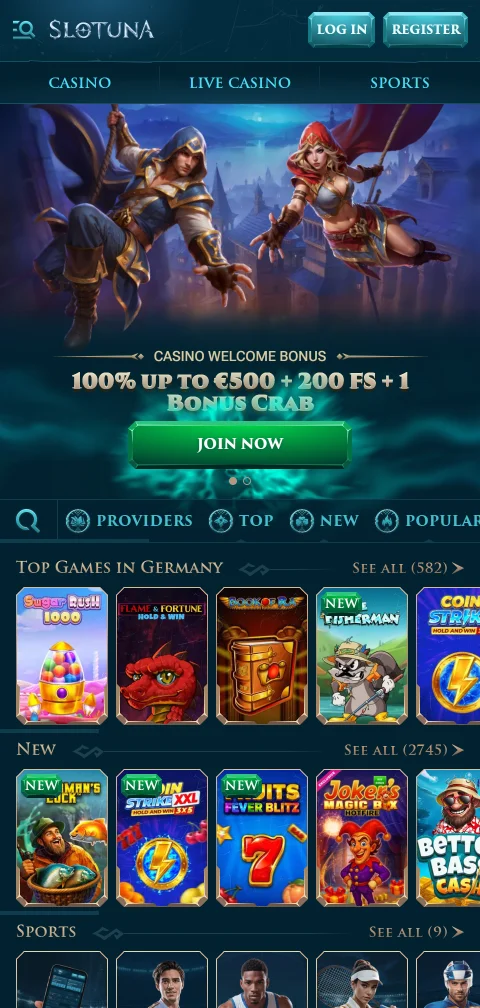 Slotuna Casinon mobiilietusivu selaimessa, alareunan navigaatio ja bonuskortti