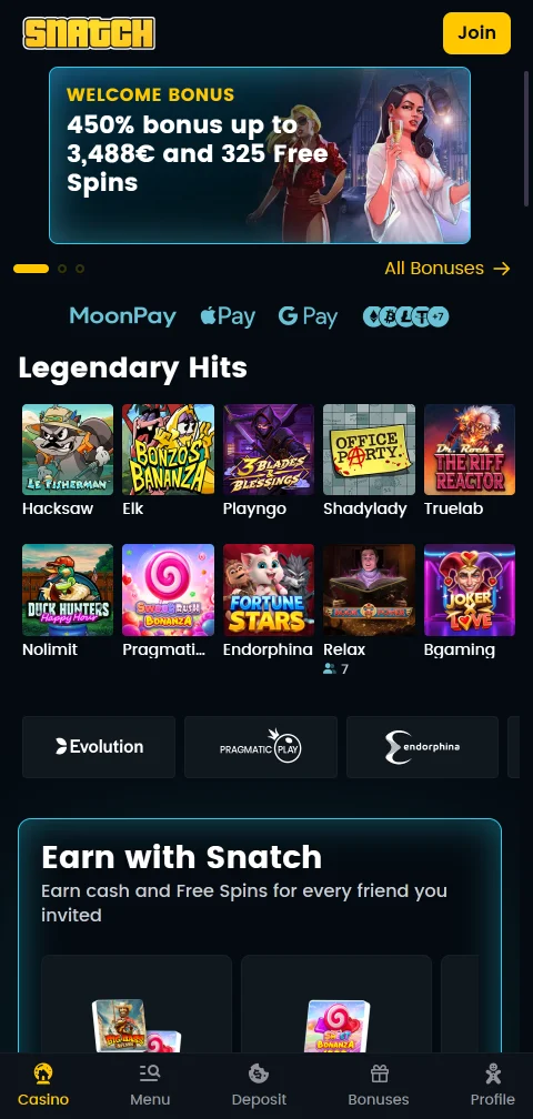 Snatch Casino mobiiliselaimessa ilman erillistä sovellusta suomalaisella pelaajalla