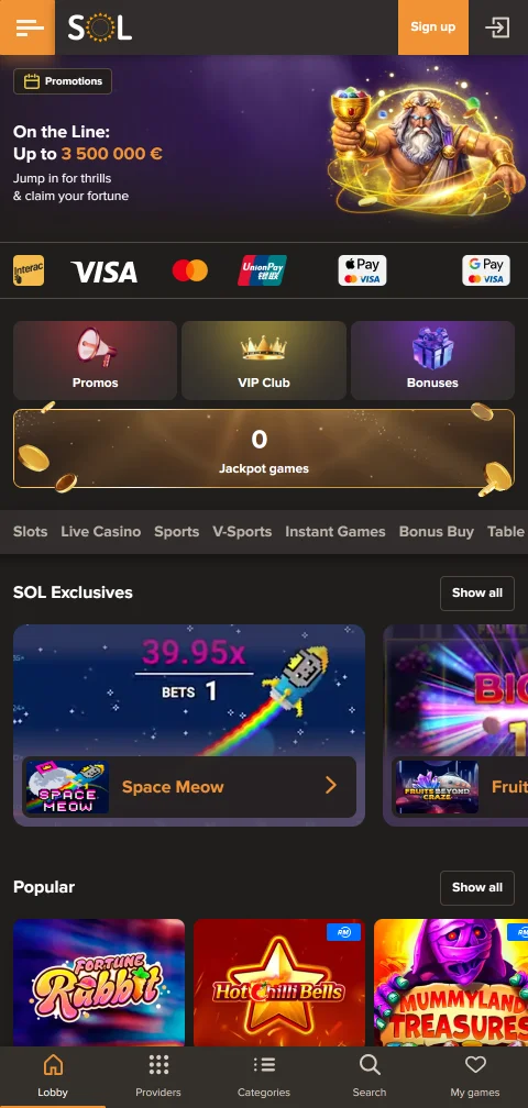 Sol Casino selainpohjaisessa mobiiliversiossa ilman erillistä sovellusasennusta