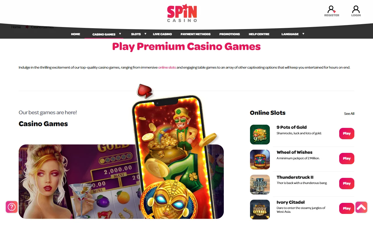 Spin Casino ja Games Globalin kolikkopelit sekä Evolutionin live-pöydät