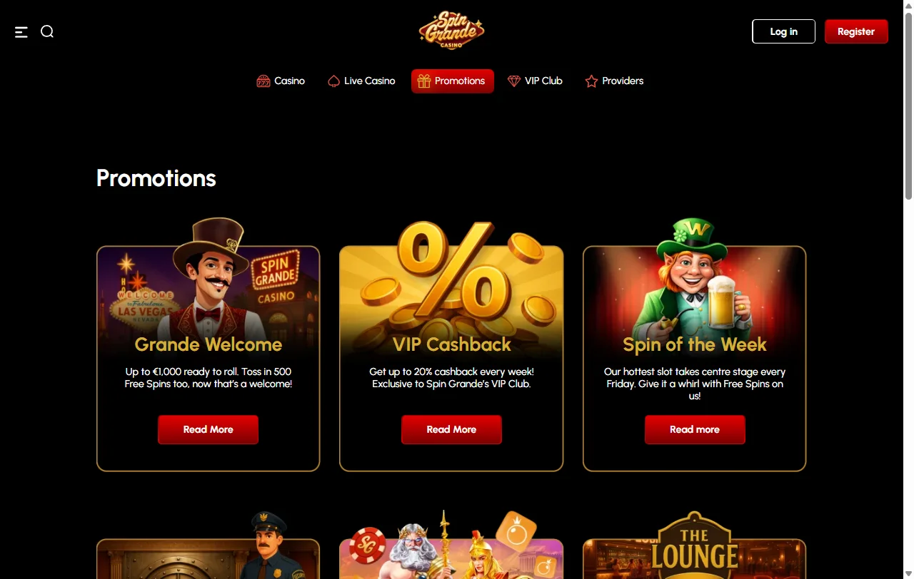 SpinGrande Casino tervetuliaispaketti kolmelle talletukselle, 40-kertainen kierrätys ja seitsemän vuorokauden aikaraja