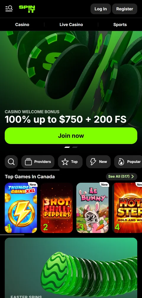 Spinit Casino puhelimen selaimessa ilman sovellusta, koko pelikirjasto samalla tilillä
