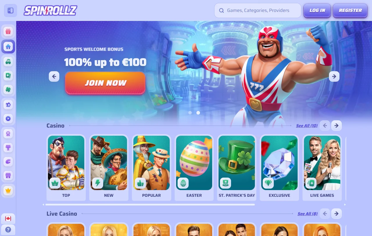 SpinRollz Casinon etusivu työpöydällä, tervetuliaisbonus 100 % enintään 500 € ja 200 ilmaiskierrosta banneri