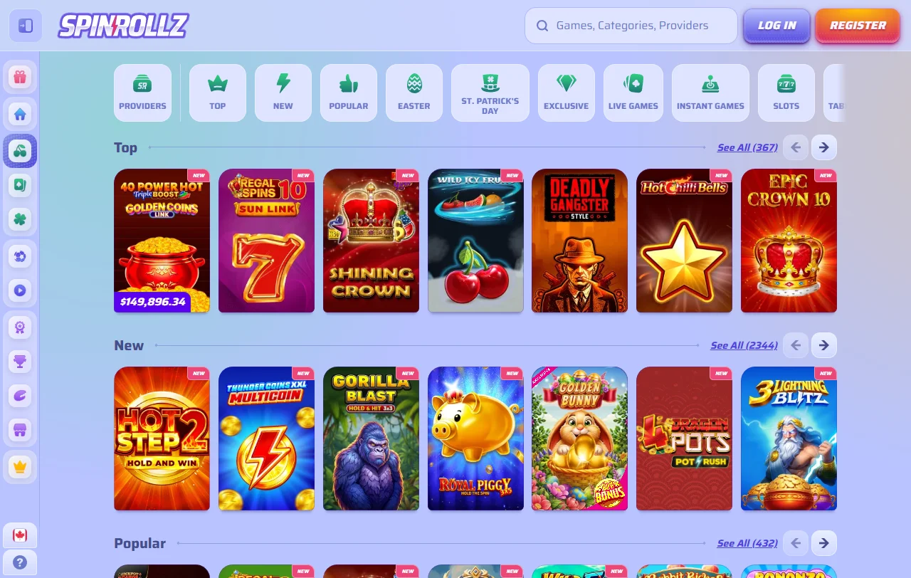 SpinRollz Casinon kolikkopelivalikoima työpöydällä, pelistudioiden suodatin ja hakukenttä