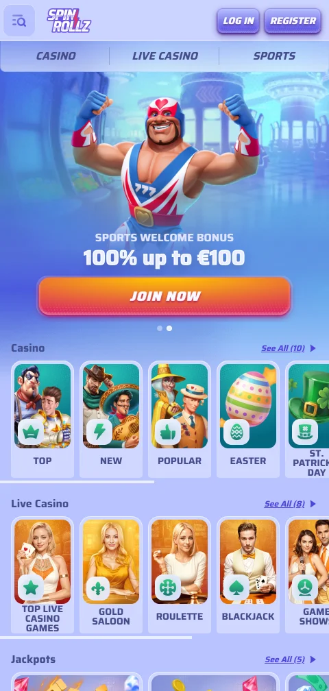 SpinRollz Casinon mobiilietusivu selaimessa, tervetuliaistarjouksen valinta kasinon ja vedonlyönnin välillä