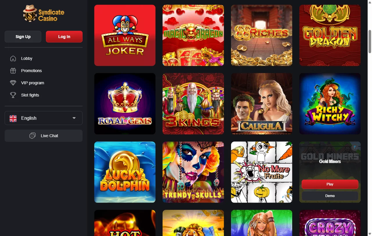 Syndicate Casinon pelivalikoima: noin 2 000 nimikettä 64 studiolta, mukana NetEnt ja Play