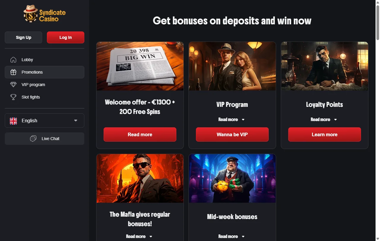 Syndicate Casinon tervetuliaispaketti 1 300 € ja 200 free spinsiä, kierrätys 40x