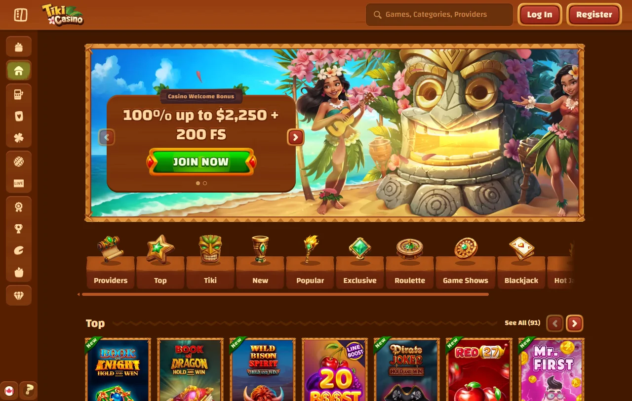 Tiki Casinon etusivu työpöydällä, trooppinen teema ja pelivalikko