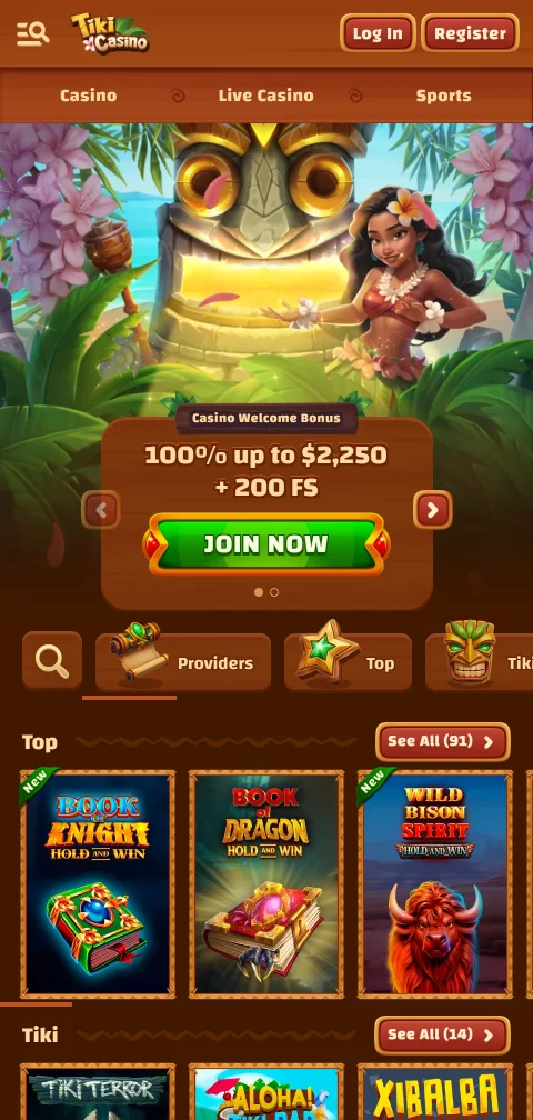 Tiki Casinon mobiilietusivu puhelimen selaimessa