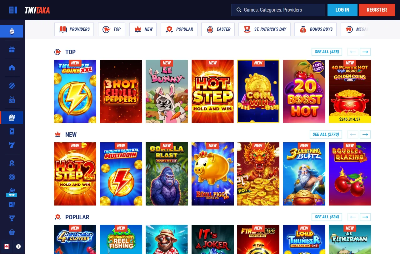 TikiTaka Casinon pelivalikoima yli 70 studiolta ja livepöydät