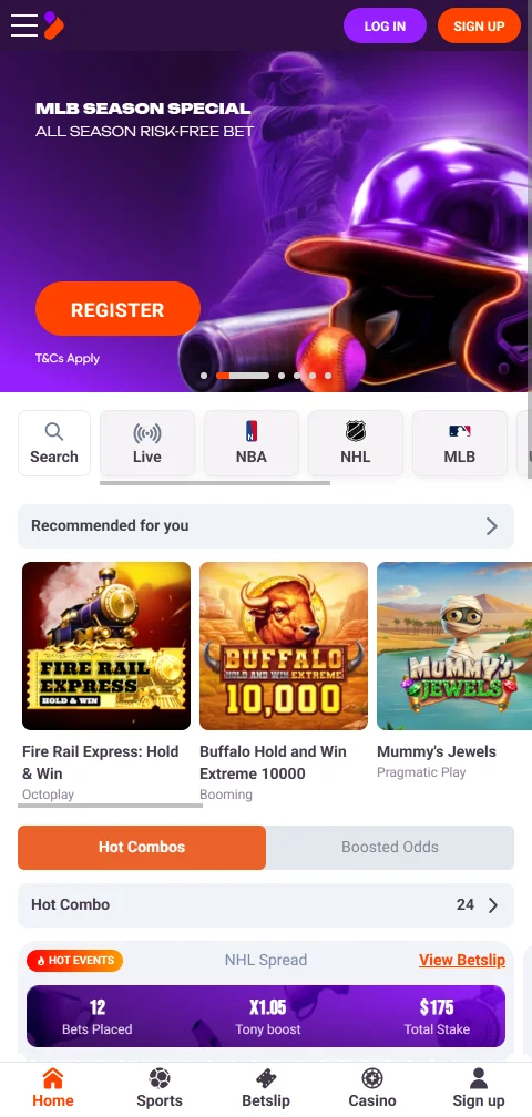 Tonybet mobiiliselain puhelimessa, liveveto ja kerroinlista ilman sovellusta