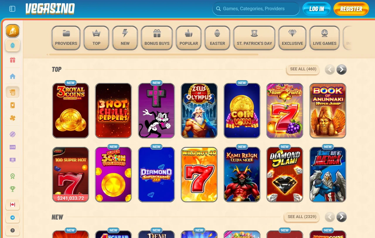 Vegasino Casino pelivalikoima yli sadalta valmistajalta, mukana Play