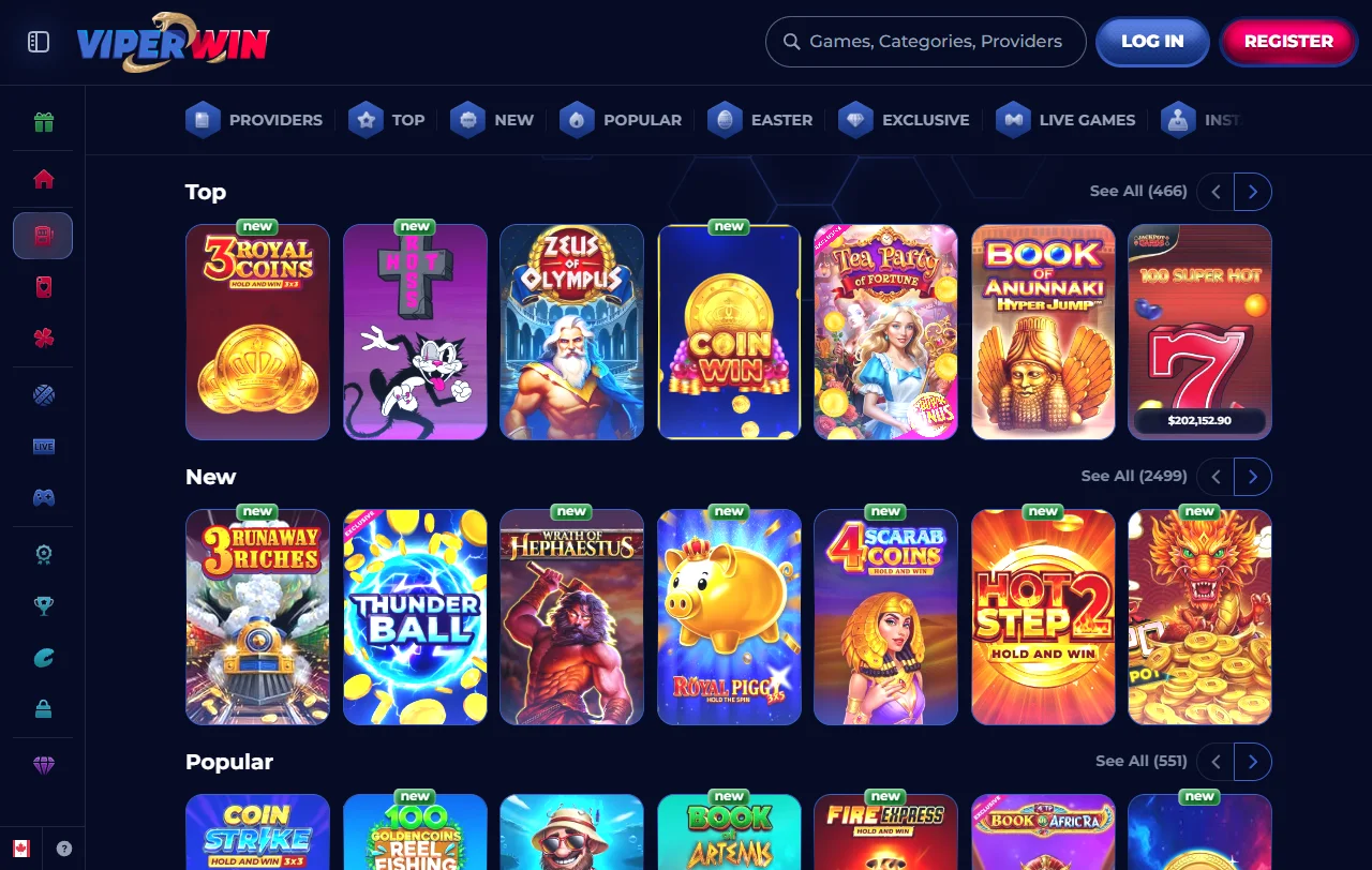 ViperWin Casino pelivalikoima: noin 11 200 kolikkopeliä ja 200 live-pöytää