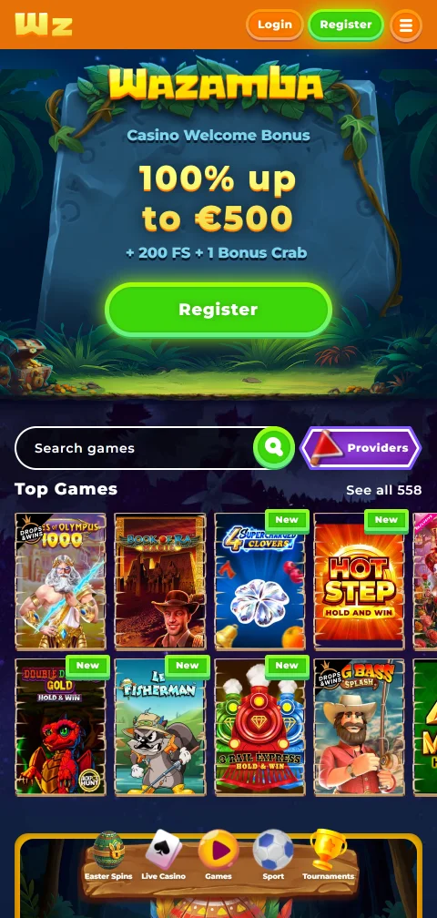 Wazamba casinon mobiilietusivu selaimessa, pelivalikoiman navigaatio näkyvissä.