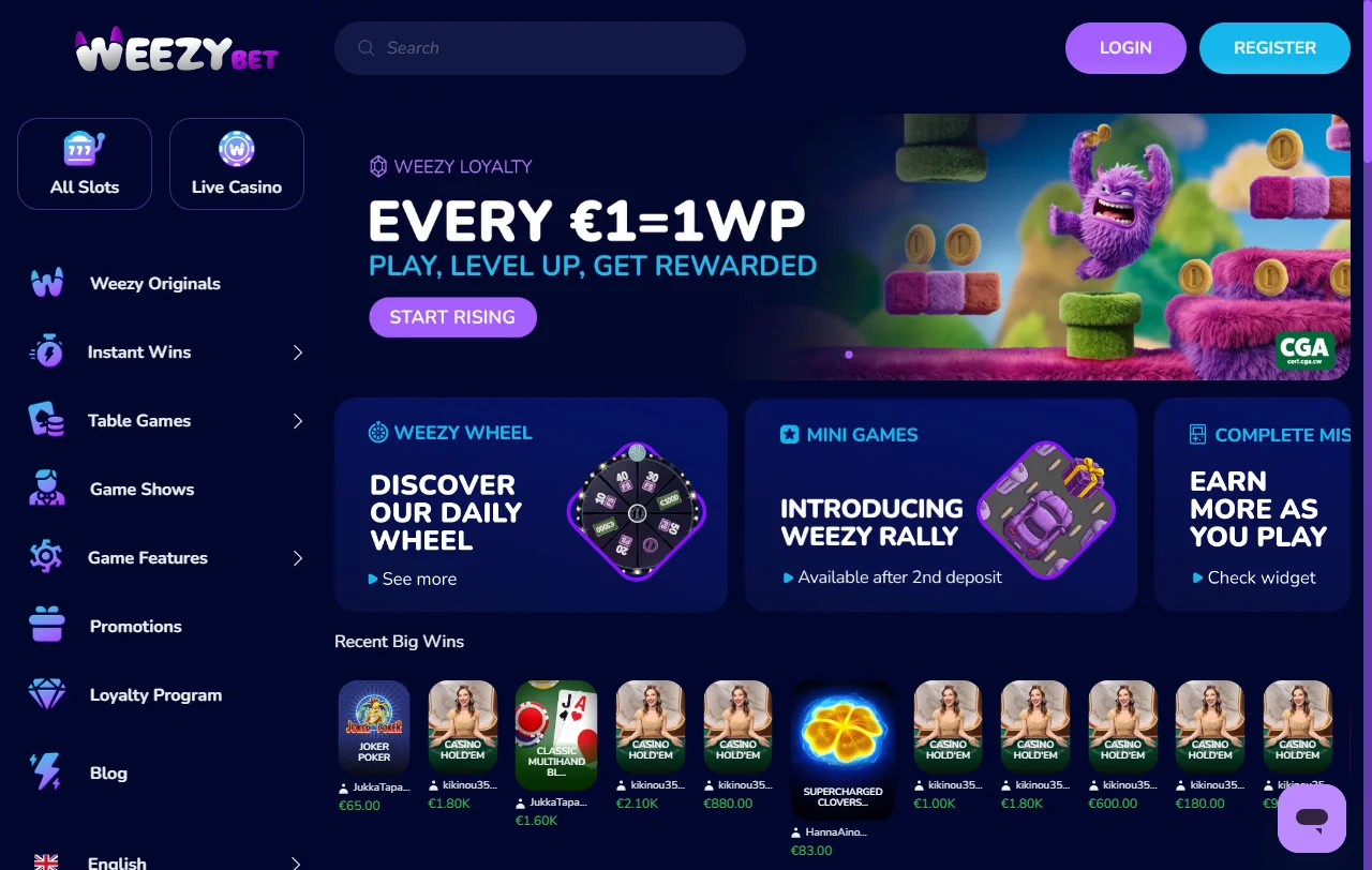 WeezyBet Casino ja sen etusivun yleisilme suomalaiselle pelaajalle