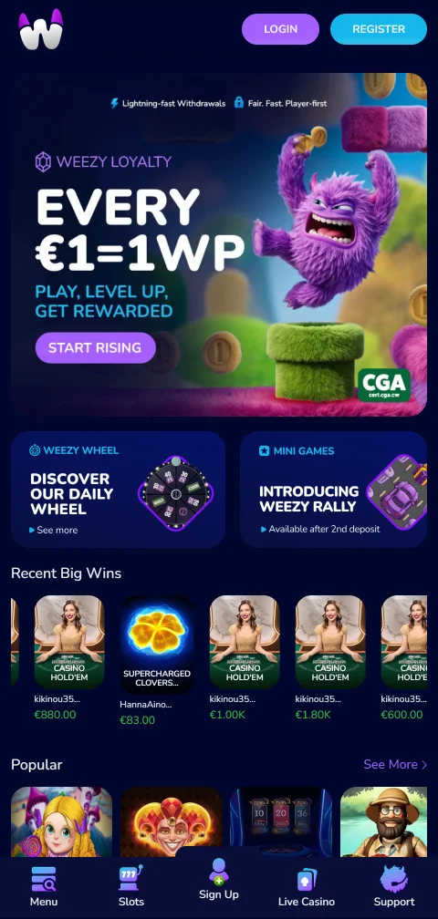 WeezyBet Casino selaimessa puhelimella ilman natiivisovellusta