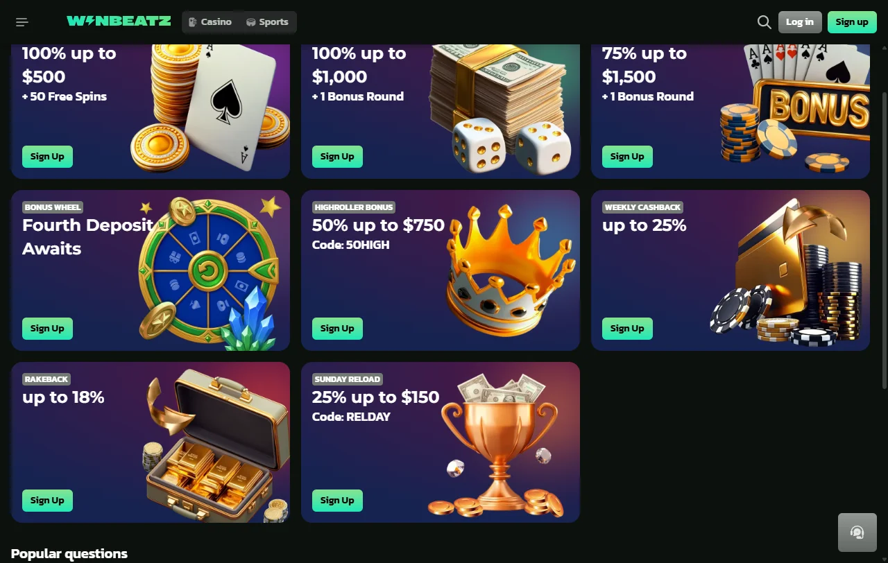 WinBeatz Casino yleiskuva: kasino ja urheiluveto samalla pelitilillä