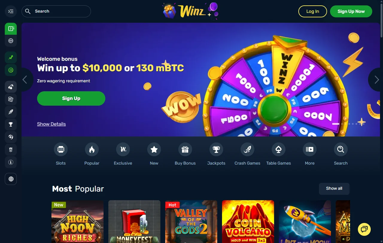 Winz casinon etusivu työpöydällä, ylhäällä Wheel of Winz -tarjous ja pelivalikko