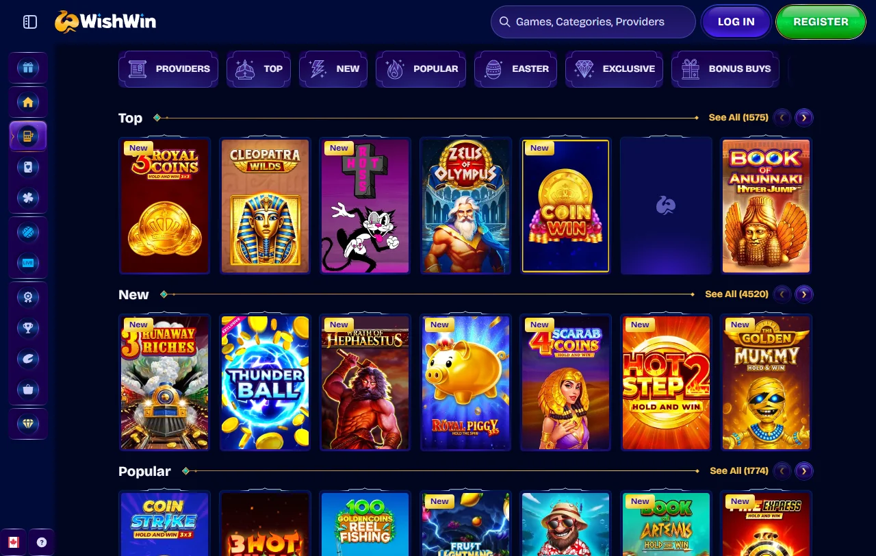 Wishwin Casino pelivalikoima Evolutionin, Pragmatic Playn ja NetEntin nimikkeillä