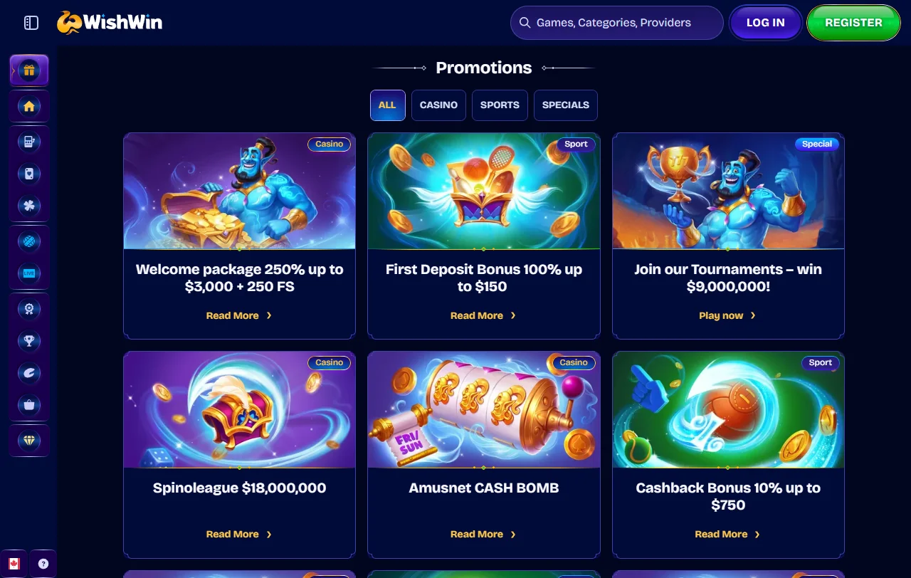 Wishwin Casino tervetuliaispaketti neljälle talletukselle, 35x kierrätys ja 400 free spins